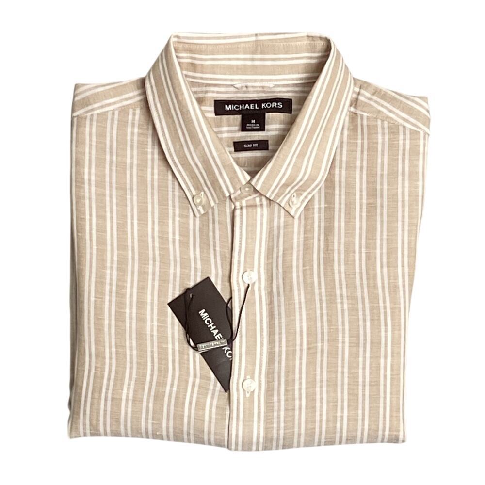 Michael Kors Men's Medium Casual Shirt Slim Fit Linen Blend Striped Khaki NEW